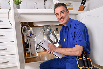 A plumber inspecting a sink drain